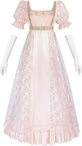 CR ROLECOS Regency Dresses for Women Pink Empire Waist Victorian Costume Puff Sleeve Tea Party Dress with Gloves in Saudi Arabia