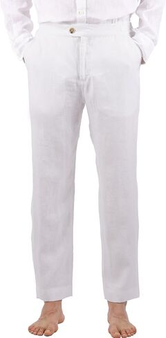 Men's 100% Linen Pants with Adjustable Tabs Breathable Mid-Weight Tapered Leg Trousers for Casual Office Travel in Kuwait