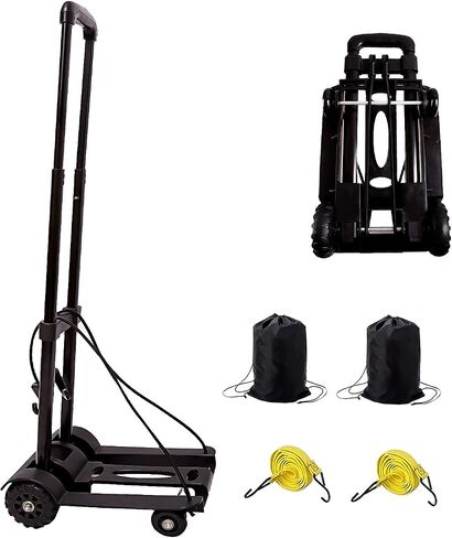 25kg 55lbs Folding Hand Truck, Solid Construction Utility Cart for Luggage with 2 Oversized Wheels Bonus Bungee Cord, Collapsible, Lightweight and Compact Luggage Dolly Cart for Travel, Black in Kuwait