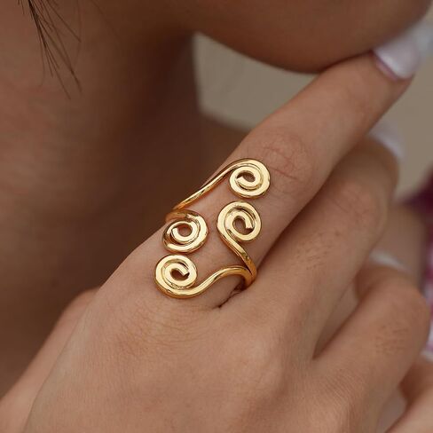 Pierced Owl 18K Gold Plated 304 Stainless Steel Multi Spiral Adjustable Statement Ring in Kuwait