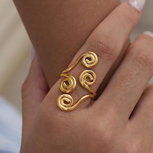 Pierced Owl 18K Gold Plated 304 Stainless Steel Multi Spiral Adjustable Statement Ring in Kuwait