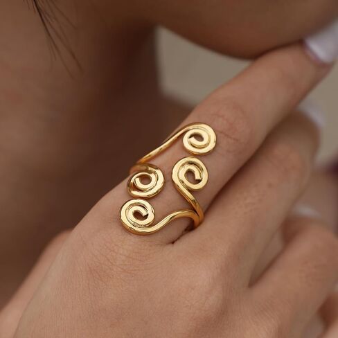 Pierced Owl 18K Gold Plated 304 Stainless Steel Multi Spiral Adjustable Statement Ring in Kuwait