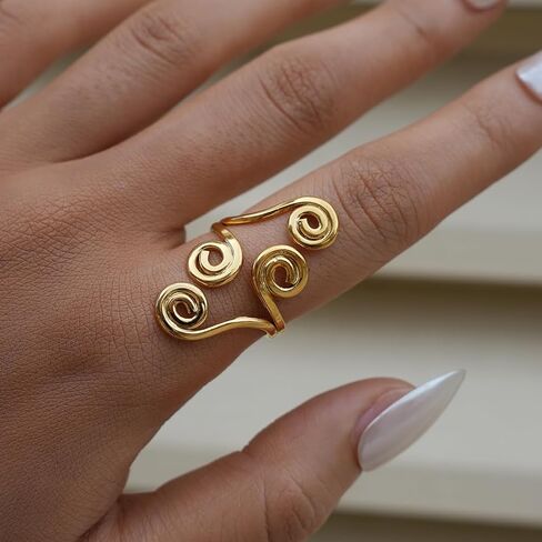 Pierced Owl 18K Gold Plated 304 Stainless Steel Multi Spiral Adjustable Statement Ring in Kuwait