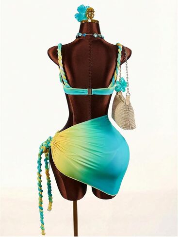 RoseSeek Women's Ombre 3 Piece Bikini Sets Ruched Twist Strap Bathing Suit with Beach Cover Up Skirt in Kuwait