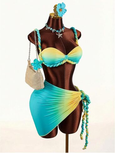 RoseSeek Women's Ombre 3 Piece Bikini Sets Ruched Twist Strap Bathing Suit with Beach Cover Up Skirt in Kuwait