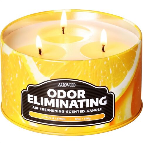AOOVOO Citrus Lemon Odor Eliminating Candle - 3 Wick 12oz Long Lasting Highly Fragranced Candle, Eliminates 95% of Smoke, Food, Pet and Other Smells Quickly, Large Air Freshing Soy Candles in Saudi Arabia