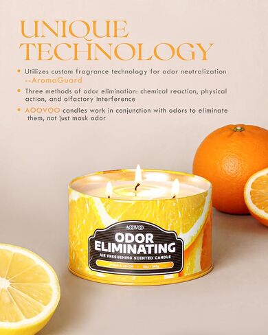AOOVOO Citrus Lemon Odor Eliminating Candle - 3 Wick 12oz Long Lasting Highly Fragranced Candle, Eliminates 95% of Smoke, Food, Pet and Other Smells Quickly, Large Air Freshing Soy Candles in Saudi Arabia