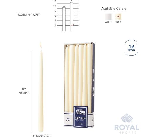 شموع مستدقة غير معطرة من Royal Imports، جودة فاخرة أنيقة، بدون تنقيط وبدون دخان، شموع عشاء مغمورة يدويًا لحفلات الزفاف، والعطلات، وديكور المنزل - وقت حرق 9 ساعات - مجموعة من 12 قطعة (12 بوصة، عاجي) in Kuwait
