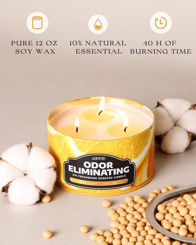 AOOVOO Citrus Lemon Odor Eliminating Candle - 3 Wick 12oz Long Lasting Highly Fragranced Candle, Eliminates 95% of Smoke, Food, Pet and Other Smells Quickly, Large Air Freshing Soy Candles in Saudi Arabia
