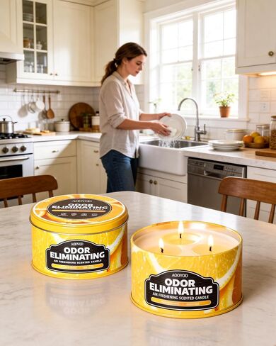 AOOVOO Citrus Lemon Odor Eliminating Candle - 3 Wick 12oz Long Lasting Highly Fragranced Candle, Eliminates 95% of Smoke, Food, Pet and Other Smells Quickly, Large Air Freshing Soy Candles in Saudi Arabia