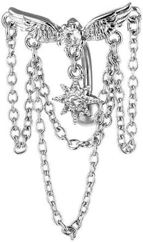 14G CZ Sun Chain Dangle Reverse Belly Button Rings for Women 316L Surgical Steel Angel Wings Belly Navel Ring Curved Barbell Studs Belly Piercing Jewelry in Saudi Arabia