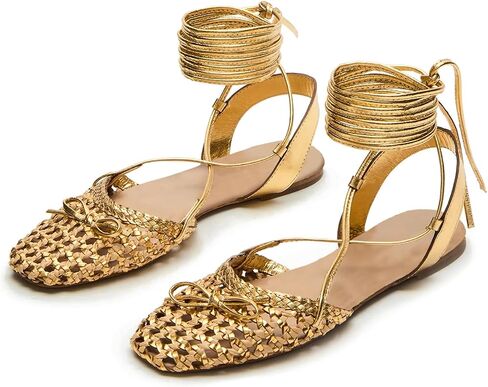 Gold Lace Up Ballet Flats Sandals for Women Woven Strappy Flats Sandals Ballerina Heels Cute Bow Dressy Closed Square Toe Summer Flat Shoes with Bowknot Tie Up Sandal Beach Party Wearing,Size 8 in Kuwait