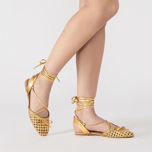 Gold Lace Up Ballet Flats Sandals for Women Woven Strappy Flats Sandals Ballerina Heels Cute Bow Dressy Closed Square Toe Summer Flat Shoes with Bowknot Tie Up Sandal Beach Party Wearing,Size 8 in Kuwait