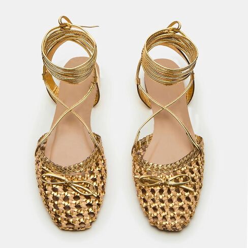 Gold Lace Up Ballet Flats Sandals for Women Woven Strappy Flats Sandals Ballerina Heels Cute Bow Dressy Closed Square Toe Summer Flat Shoes with Bowknot Tie Up Sandal Beach Party Wearing,Size 8 in Kuwait