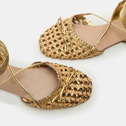 Gold Lace Up Ballet Flats Sandals for Women Woven Strappy Flats Sandals Ballerina Heels Cute Bow Dressy Closed Square Toe Summer Flat Shoes with Bowknot Tie Up Sandal Beach Party Wearing,Size 8 in Kuwait