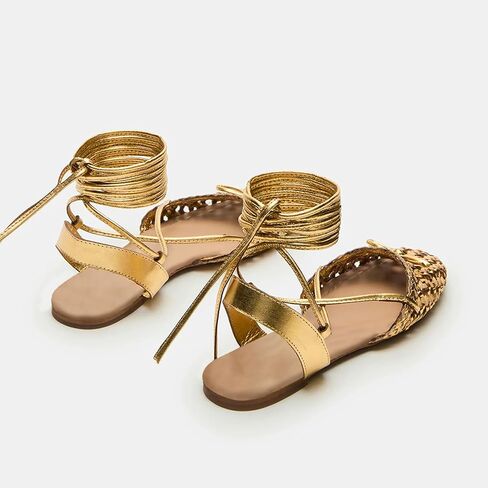 Gold Lace Up Ballet Flats Sandals for Women Woven Strappy Flats Sandals Ballerina Heels Cute Bow Dressy Closed Square Toe Summer Flat Shoes with Bowknot Tie Up Sandal Beach Party Wearing,Size 8 in Kuwait