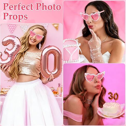KICOSY 30th Birthday Sunglasses for Women, 30 Flirty and Thriving Heart Sunglasses, 30th Birthday Glasses, Pink Heart Shaped Sunglasses for 30th Birthday Party Decorations, Photo Booth Props in Saudi Arabia