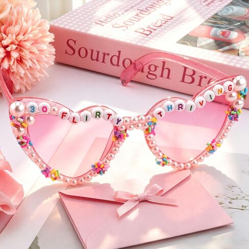 KICOSY 30th Birthday Sunglasses for Women, 30 Flirty and Thriving Heart Sunglasses, 30th Birthday Glasses, Pink Heart Shaped Sunglasses for 30th Birthday Party Decorations, Photo Booth Props in Saudi Arabia