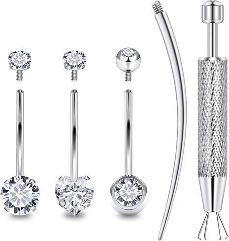 Prjndjw 14G Surgical Stainless Steel Belly Button Rings Set 10mm-16mm Round CZ Heart CZ Double Dot CZ Navel Rings with Tool Kit for Women 5 Pieces in Kuwait