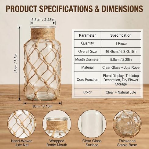 500ml Clear Glass Vase with Rope Wrapping Vintage Apothecary Jar Bud Vase for Home Decor Wedding Centerpiece Table Decorations Glass Flower Bottle (Not Include Flowers) in Kuwait