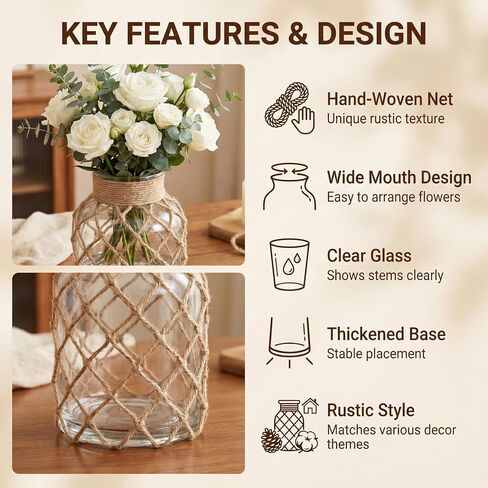 500ml Clear Glass Vase with Rope Wrapping Vintage Apothecary Jar Bud Vase for Home Decor Wedding Centerpiece Table Decorations Glass Flower Bottle (Not Include Flowers) in Kuwait