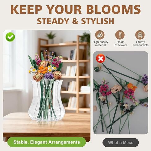 Vase for Lego Flowers Bouquet, for Mom, Acrylic Display Holder Compatible with Lego Botanical Collections Roses Sunflowers, for Lego Flower Building Set Lovers, Crystal Clear in Saudi Arabia