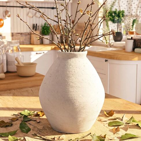 Ceramic Large Rustic Round Vase-11.8" Beige Pottery Textured White Ceramic Vase-Big Terracotta Vase Large Vases for Decor Living Room, Farmhouse Decor, Bedroom, Bathroom-(Off-White) in Saudi Arabia