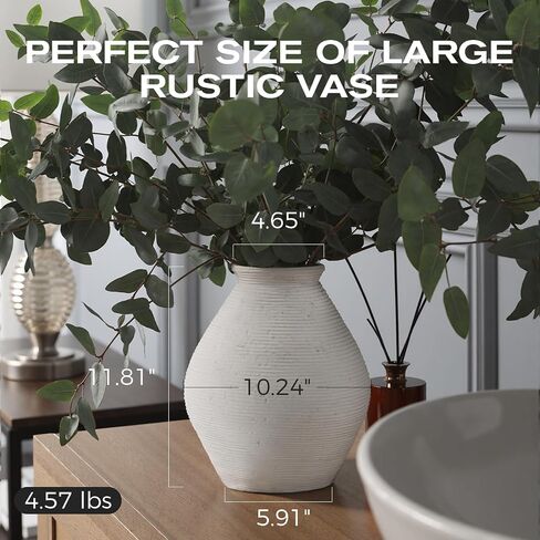 Ceramic Large Rustic Round Vase-11.8" Beige Pottery Textured White Ceramic Vase-Big Terracotta Vase Large Vases for Decor Living Room, Farmhouse Decor, Bedroom, Bathroom-(Off-White) in Saudi Arabia