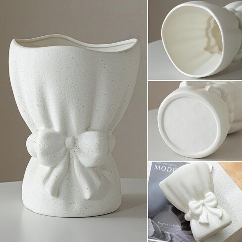 Lvases Bow Knot Ceramic Flower Vase, Textured Frosted Speckled White Minimalist Vases for Home Decor Bedroom Living Room Table Centerpiece in Saudi Arabia