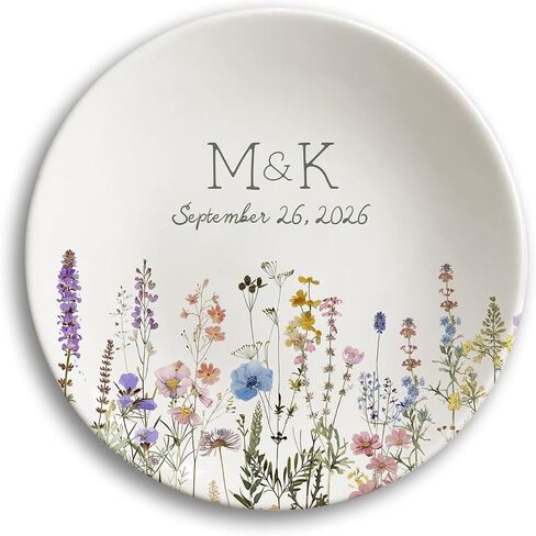 Personalized Wedding Jewelry Dish, Custom Ceramic Wildflower Ring Holder With Initials and Date for Couple in Kuwait