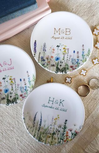 Personalized Wedding Jewelry Dish, Custom Ceramic Wildflower Ring Holder With Initials and Date for Couple in Kuwait