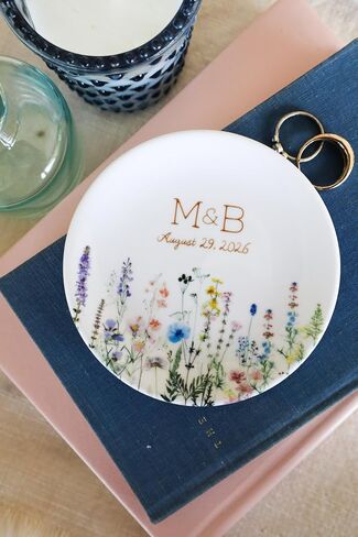 Personalized Wedding Jewelry Dish, Custom Ceramic Wildflower Ring Holder With Initials and Date for Couple in Kuwait