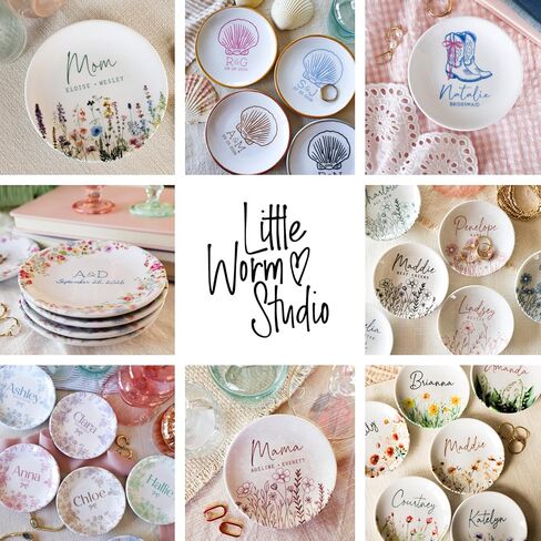 Personalized Wedding Jewelry Dish, Custom Ceramic Wildflower Ring Holder With Initials and Date for Couple in Kuwait
