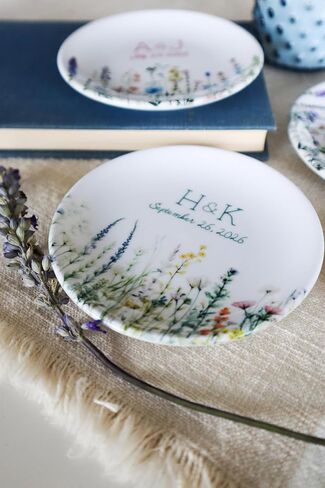Personalized Wedding Jewelry Dish, Custom Ceramic Wildflower Ring Holder With Initials and Date for Couple in Kuwait