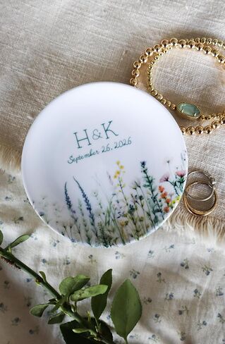 Personalized Wedding Jewelry Dish, Custom Ceramic Wildflower Ring Holder With Initials and Date for Couple in Kuwait