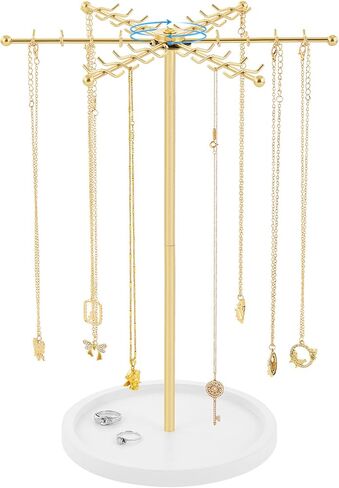 Rotating Jewelry Stand Organizer, Metal Jewelry Tower with Wooden Base, 48 Hooks Necklace Holder for Necklaces Earrings Bracelets Rings, Space Saving Gift for Women, Room Dorm Decor in Saudi Arabia