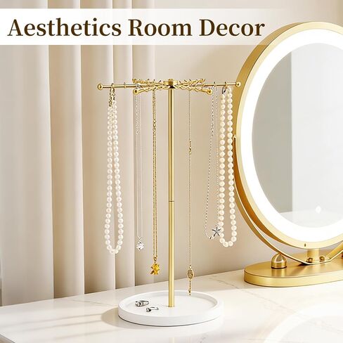 Rotating Jewelry Stand Organizer, Metal Jewelry Tower with Wooden Base, 48 Hooks Necklace Holder for Necklaces Earrings Bracelets Rings, Space Saving Gift for Women, Room Dorm Decor in Saudi Arabia