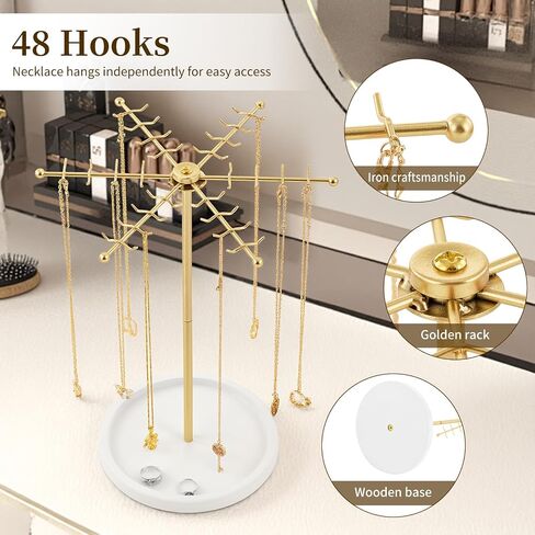Rotating Jewelry Stand Organizer, Metal Jewelry Tower with Wooden Base, 48 Hooks Necklace Holder for Necklaces Earrings Bracelets Rings, Space Saving Gift for Women, Room Dorm Decor in Saudi Arabia