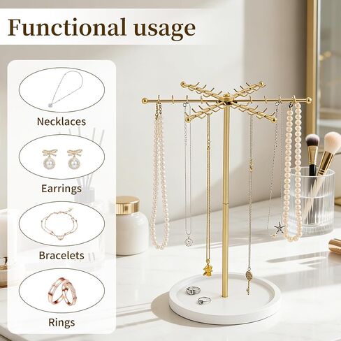 Rotating Jewelry Stand Organizer, Metal Jewelry Tower with Wooden Base, 48 Hooks Necklace Holder for Necklaces Earrings Bracelets Rings, Space Saving Gift for Women, Room Dorm Decor in Saudi Arabia