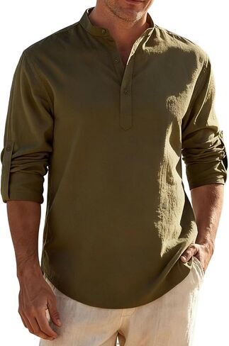 JEMITOP Mens Stretch Linen-Like Henley Shirt Casual Long Sleeve Mandarin Collar Shirts for Summer Beach Vacation in Saudi Arabia