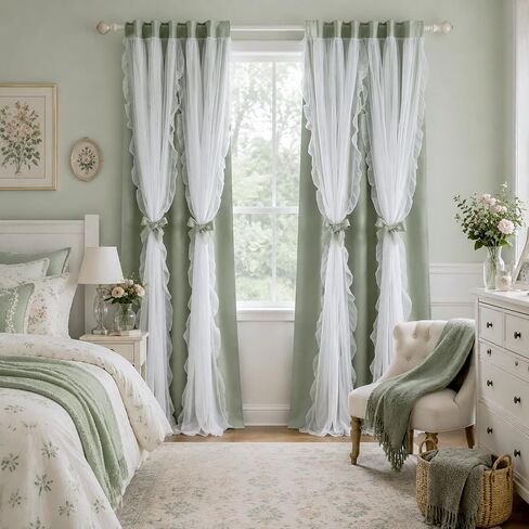 PONY DANCE Sage Green Curtains with Ruffle Sheer 95 Inches Long for Girls Bedroom, Shabby Chic Style Double-Layer Drapes for Nursery/Living Room/Apartment/Dorm/Kids Rooms, 2 Panels, 52" W x 95" L in Saudi Arabia
