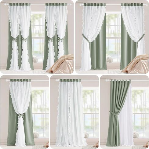 PONY DANCE Sage Green Curtains with Ruffle Sheer 95 Inches Long for Girls Bedroom, Shabby Chic Style Double-Layer Drapes for Nursery/Living Room/Apartment/Dorm/Kids Rooms, 2 Panels, 52" W x 95" L in Saudi Arabia