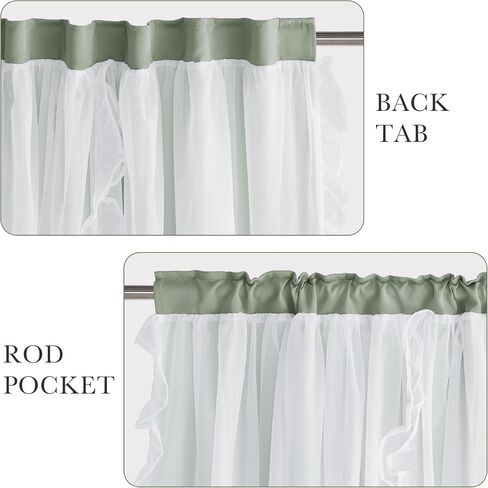 PONY DANCE Sage Green Curtains with Ruffle Sheer 95 Inches Long for Girls Bedroom, Shabby Chic Style Double-Layer Drapes for Nursery/Living Room/Apartment/Dorm/Kids Rooms, 2 Panels, 52" W x 95" L in Saudi Arabia