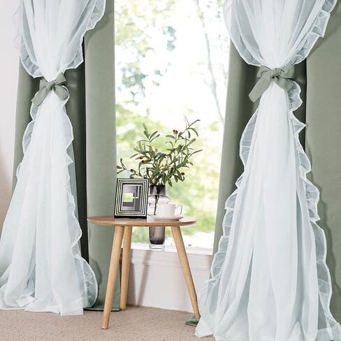 PONY DANCE Sage Green Curtains with Ruffle Sheer 95 Inches Long for Girls Bedroom, Shabby Chic Style Double-Layer Drapes for Nursery/Living Room/Apartment/Dorm/Kids Rooms, 2 Panels, 52" W x 95" L in Saudi Arabia