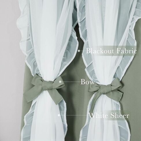 PONY DANCE Sage Green Curtains with Ruffle Sheer 95 Inches Long for Girls Bedroom, Shabby Chic Style Double-Layer Drapes for Nursery/Living Room/Apartment/Dorm/Kids Rooms, 2 Panels, 52" W x 95" L in Saudi Arabia