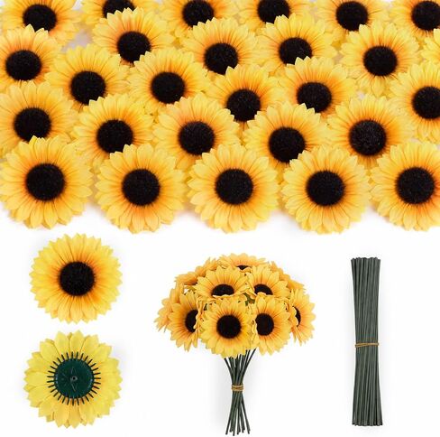 GATTLELIC 90 Pcs Artificial Sunflower Heads, 4.5Inch Flower Heads with 5.91 Inch Stems, Yellow Fake Sunflower for DIY Craft Wedding Home Decoration in Saudi Arabia