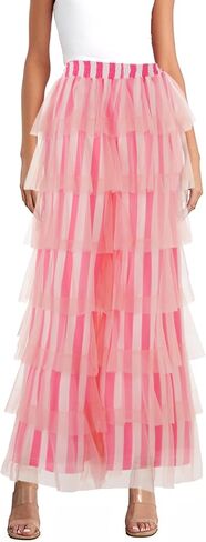 Women's Long Tiered Ruffle Pants Trendy Stripe Print Mesh Wide Leg Bloomer Pants for Party Streetwear in Saudi Arabia