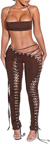 Women 2 Piece Outfits Criss Cross Bandage Cutout Gothic Pants Set in Saudi Arabia