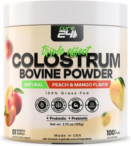 Bovine Colostrum X3 Supplement Powder for Humans, 100% Pure Whole Natural Grass Fed Superfood, High IgG, Plus Probiotic & Prebiotic, Unflavored, Made in USA (Peach Mango) in Saudi Arabia