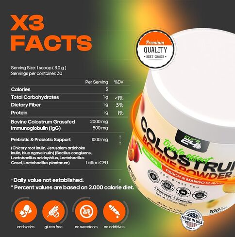Bovine Colostrum X3 Supplement Powder for Humans, 100% Pure Whole Natural Grass Fed Superfood, High IgG, Plus Probiotic & Prebiotic, Unflavored, Made in USA (Peach Mango) in Saudi Arabia
